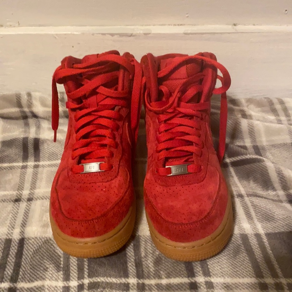 High top red Nike  Air Force 1 worn one or twice